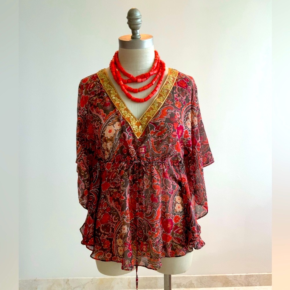 Boho V-Neck Women's Top - Orange/Gold/Brown Med-Lg